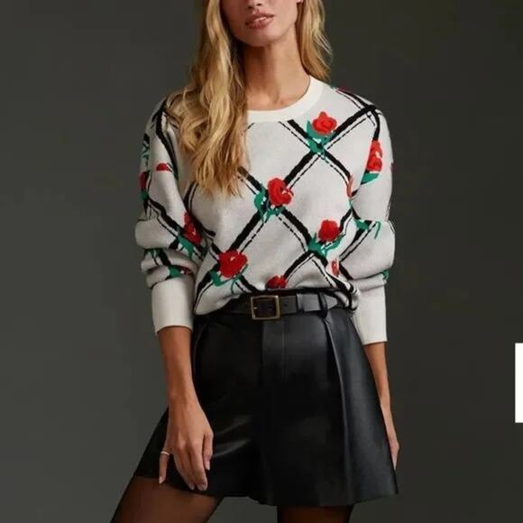 Anthropologie Maeve Crewneck Trellis Rose Floral Pullover Sweater Size XS - Picture 8 of 8